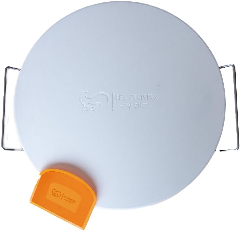 XXL Pizza Stone Deluxe for Oven and Grill with Stainless Steel Holder and Scraper - 41 cm